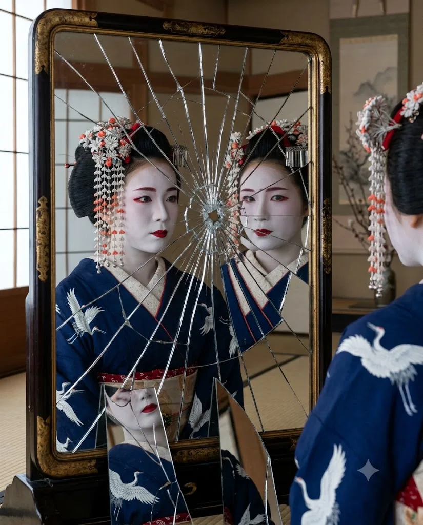 Geisha Reflection in Broken Mirror