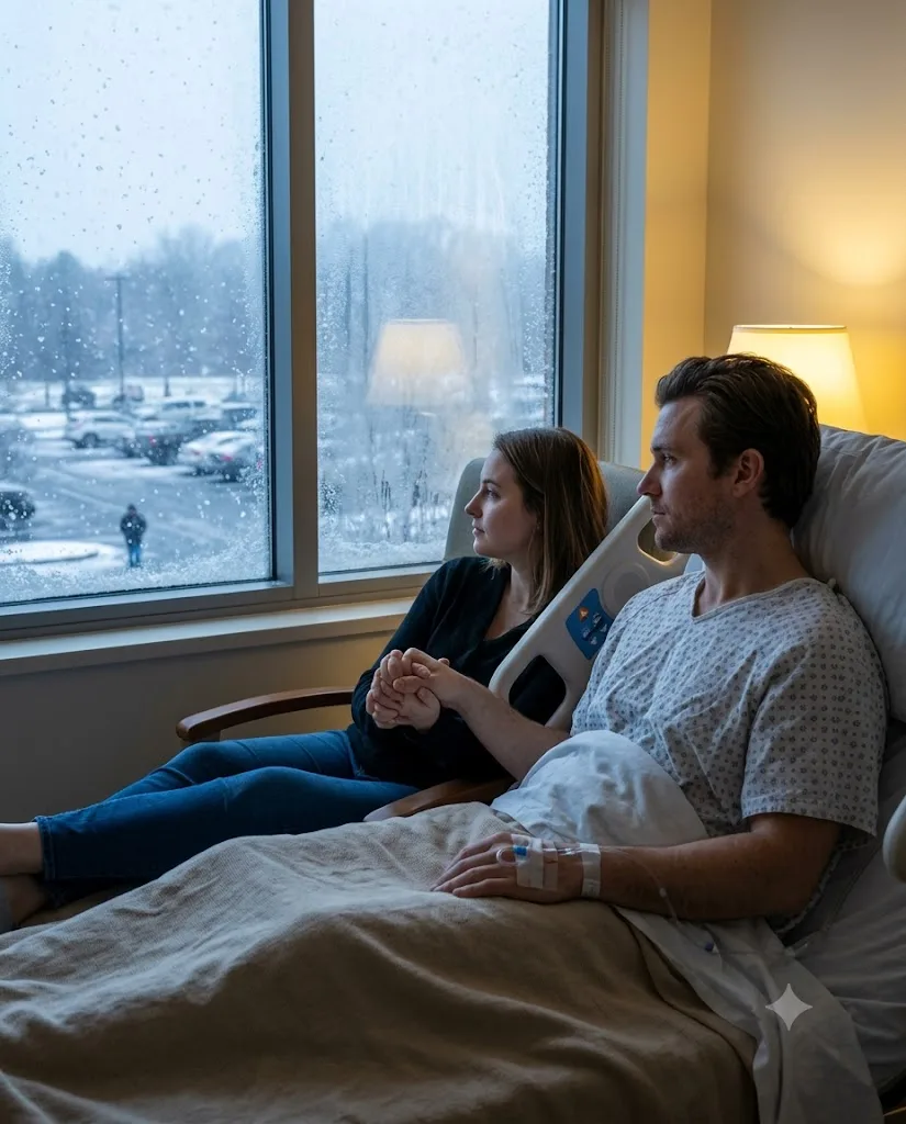 First Snowfall Through Hospital Window
